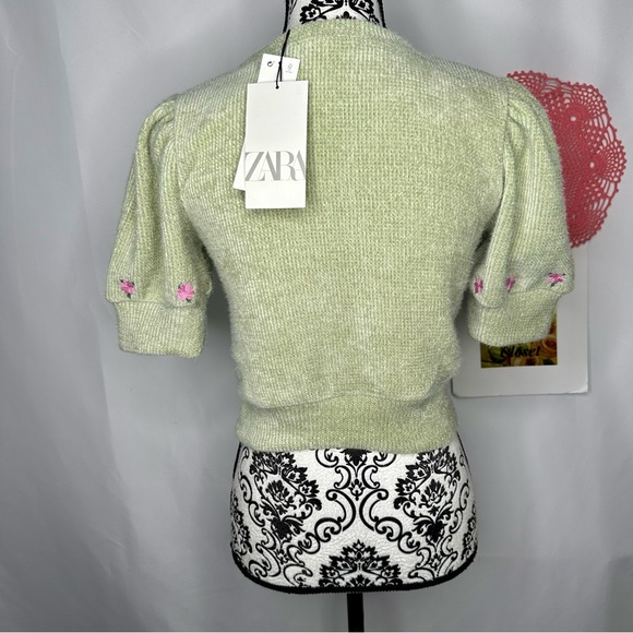 Zara Puff Sleeve embroidered Mint Green Sweater Medium - Picture 7 of 12